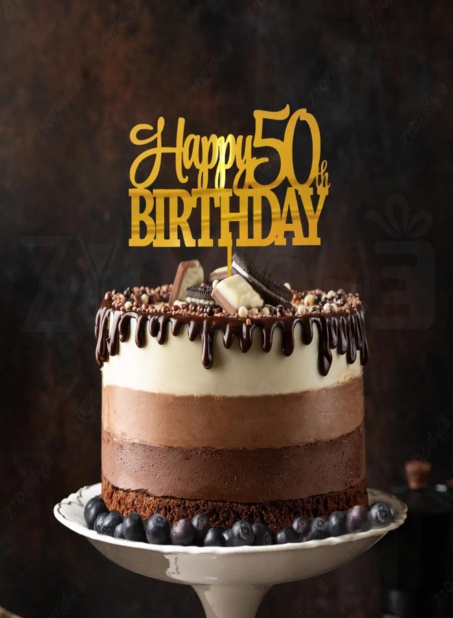 Zyozique® Happy 50th Birthday Cake Topper, Gold Acrylic Party Decoration Cake Topper, Premium Party Decoration, Acrylic Material, Elegant Script Design for Birthday - Image 1